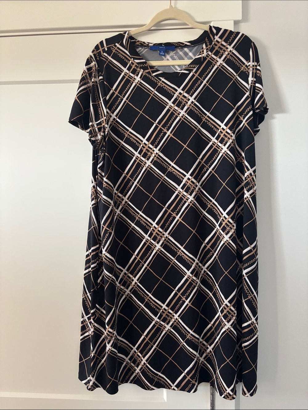 Apt. 9 Black Plaid Short-Sleeve A-Line Dress with Beige and White Trim
